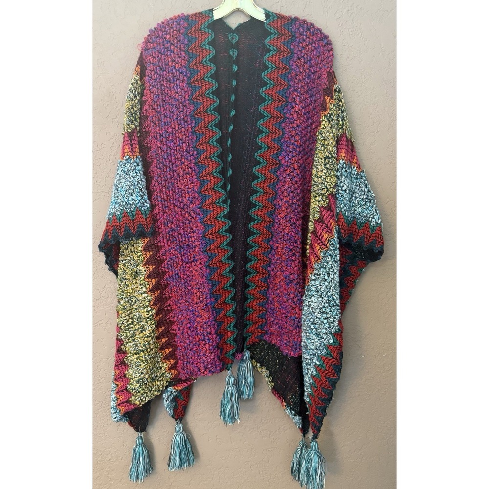 Boutique Style Crochet Bohemian Knit Ruana Open Wrap Tassel Hippie Rave Festival